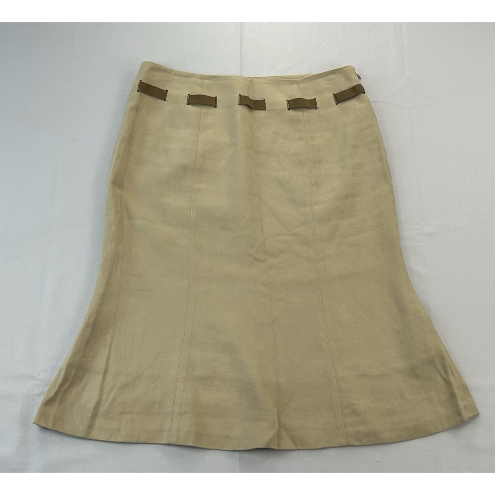 Parameter Size 6 Beige Khaki A-Line Flare Midi Skirt Ribbon Loop Career